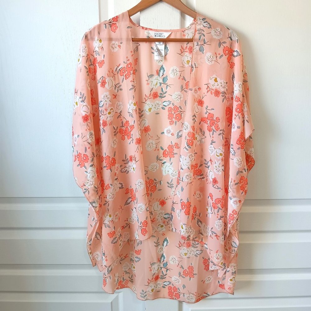 Market & Spruce Women's Light Orange Floral Open Front Kimono Size M